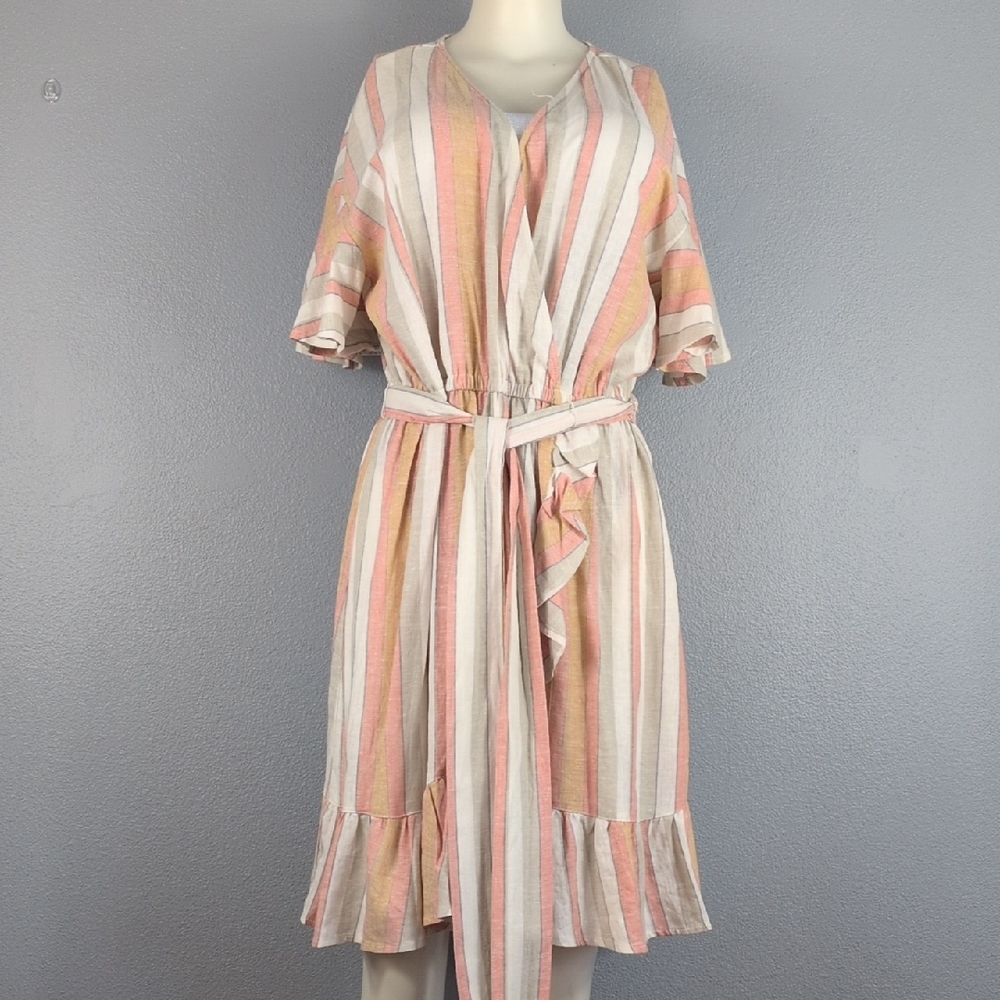 LC Lauren Conrad Striped Neutral Multicolor Faux Wrap Linen Spring Dress